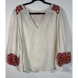 KNOX ROSE Women’s Peasant Top Boho Size XXL Cream Split Neck Balloon Sleeve